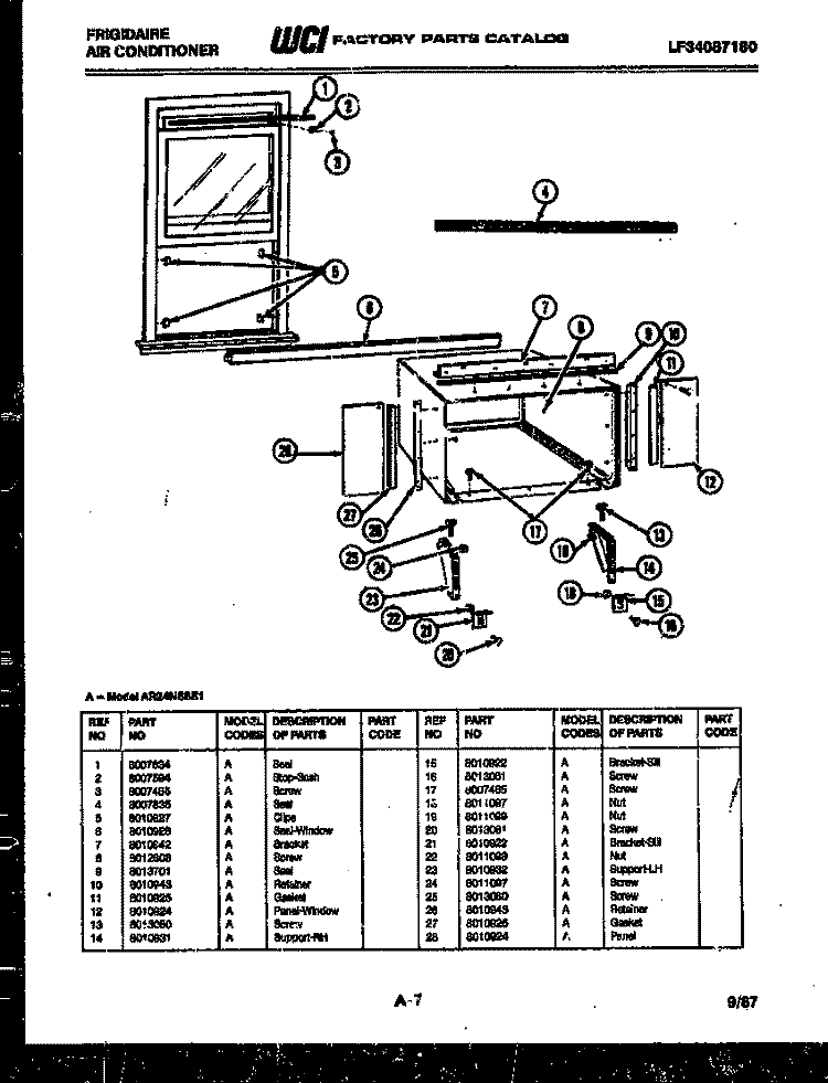 WINDOW MOUNTING PARTS Diagram and Parts List for AR24NS8E1  Frigidaire Air Conditioner