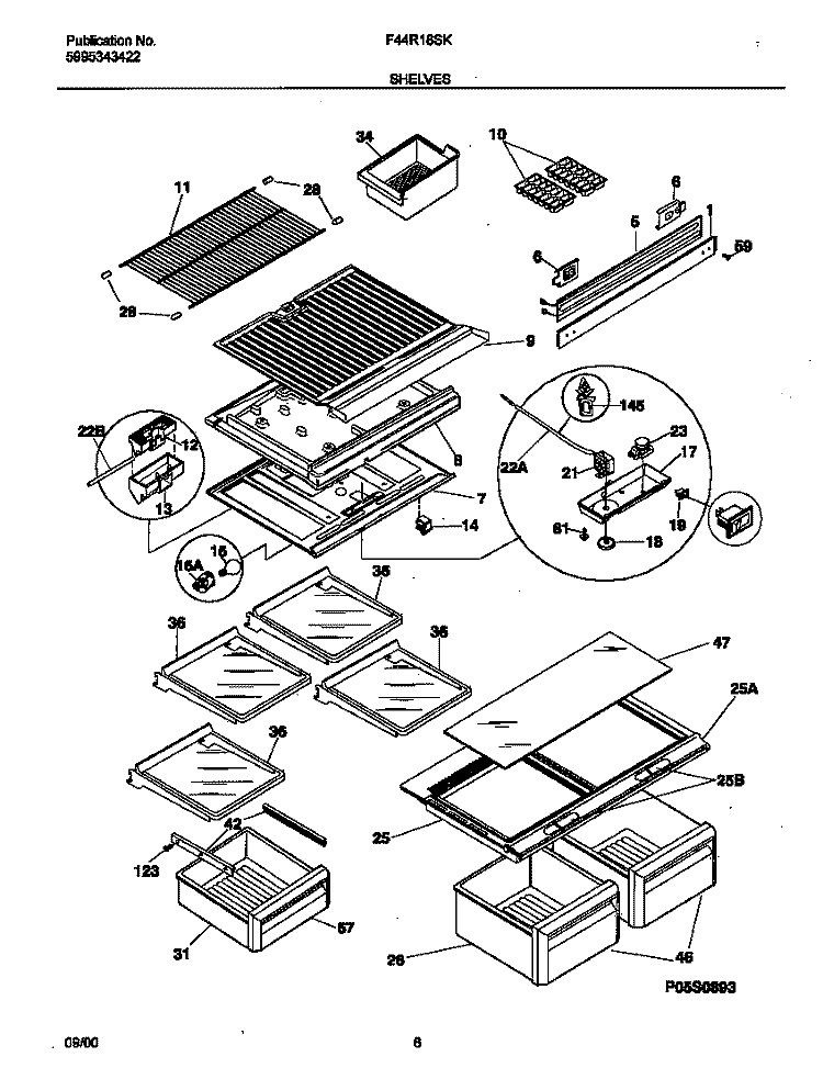 SHELVES Diagram and Parts List for F44R18SKW1  Frigidaire Refrigerator
