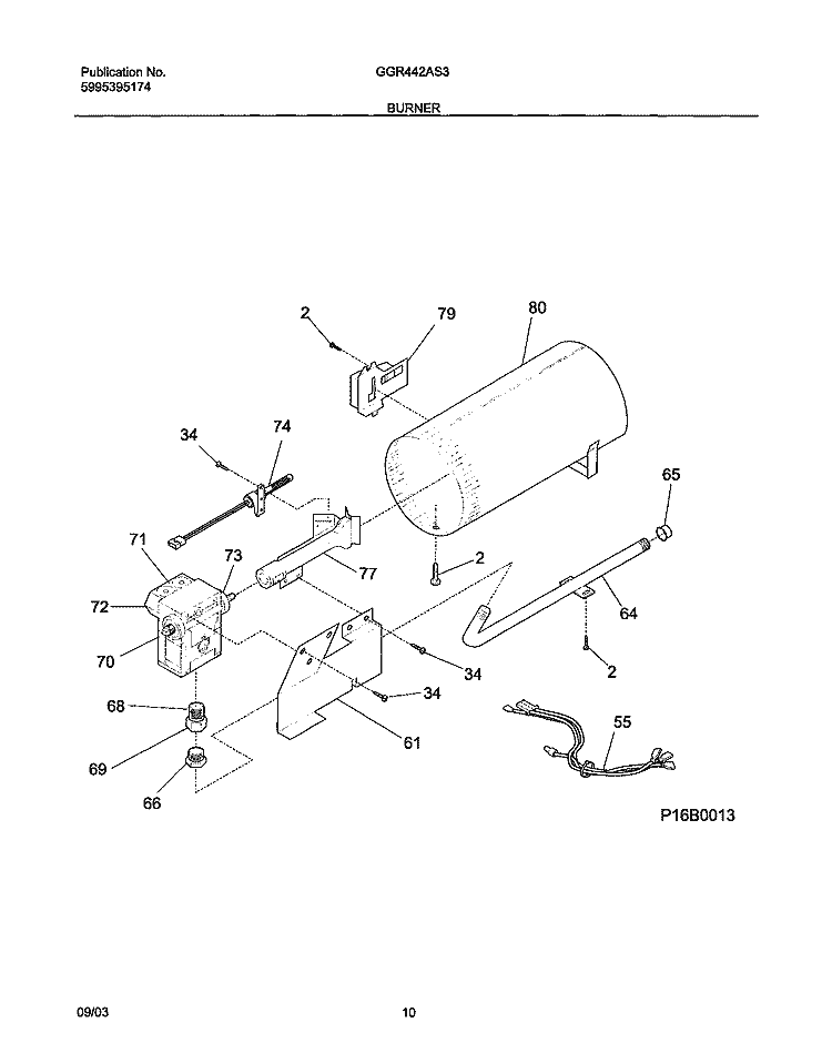 BURNER Diagram and Parts List for GGR442AS3  Gibson Dryer