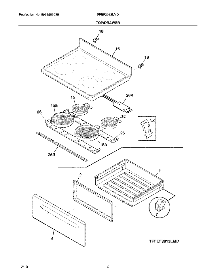 TOP/DRAWER Diagram and Parts List for FFEF3013LMD  Frigidaire Range