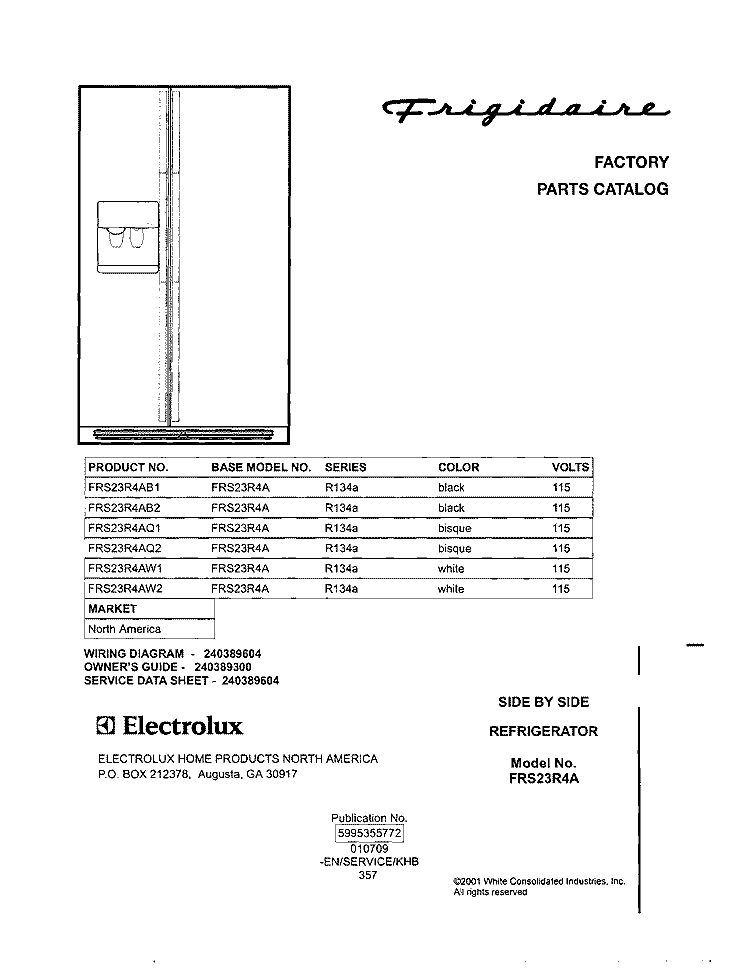 COVER Diagram and Parts List for FRS23R4AW1  Frigidaire Refrigerator