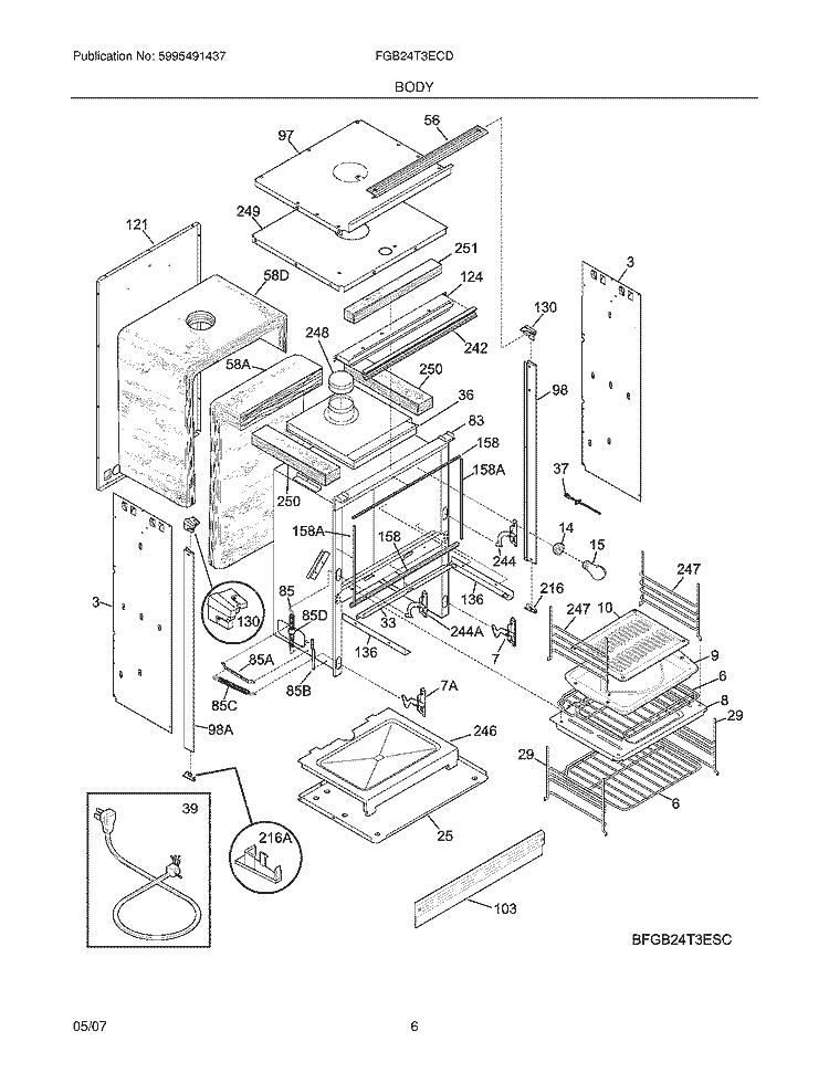 BODY Diagram and Parts List for FGB24T3ECD  Frigidaire Wall Oven