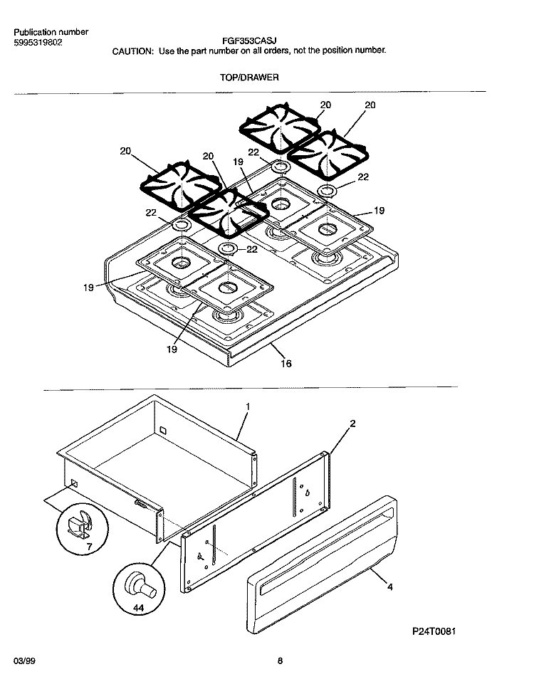 TOP / DRAWER Diagram and Parts List for FGF353CASJ  Frigidaire Range