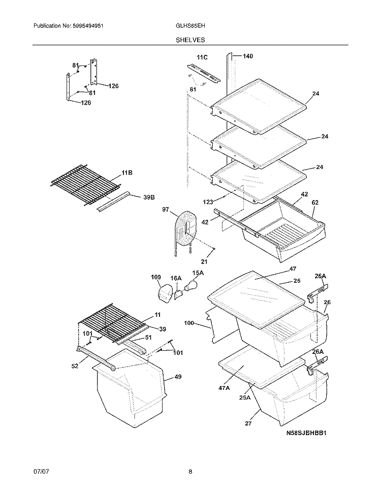SHELVES Diagram and Parts List for GLHS65EHB4  Frigidaire Refrigerator