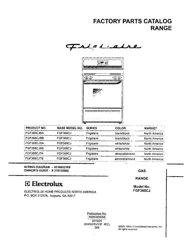 COVER Diagram and Parts List for FGF368CJSA  Frigidaire Range