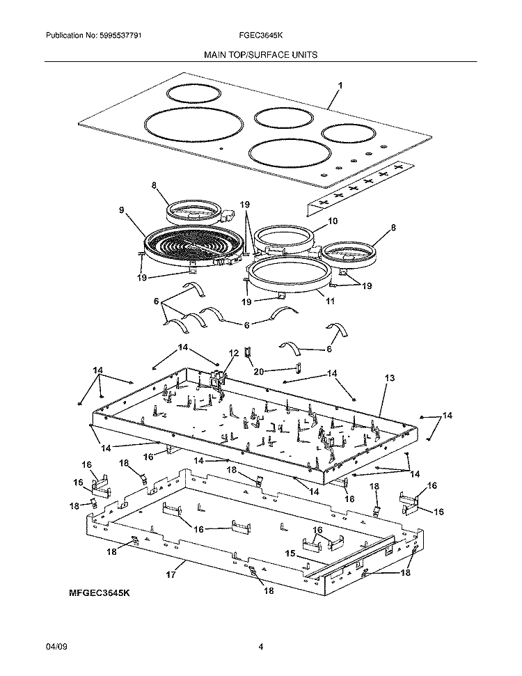 MAINTOP Diagram and Parts List for FGEC3645KS1  Frigidaire Cooktop