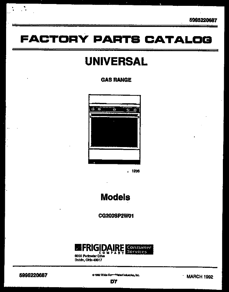 COVER Diagram and Parts List for CG200SP2W1  Frigidaire Range