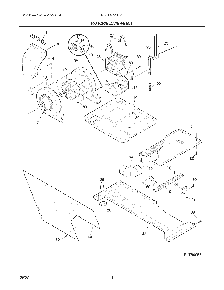 MOTOR / BLOWER / BELT Diagram and Parts List for GLET1031FS1  Frigidaire Washer Dryer Combo