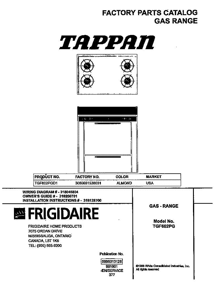 COVER Diagram and Parts List for TGF602PGD1  Tappan Range
