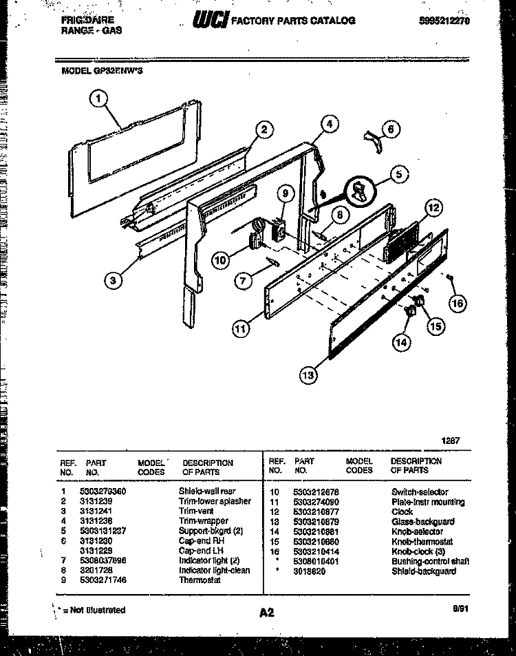BACKGUARD Diagram and Parts List for GP32BNW3  Frigidaire Range