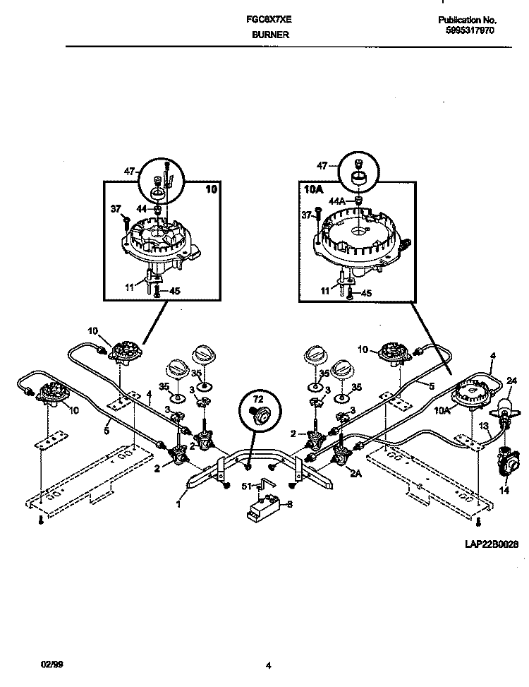 BURNER Diagram and Parts List for FGC6X7XEBD  Frigidaire Cooktop