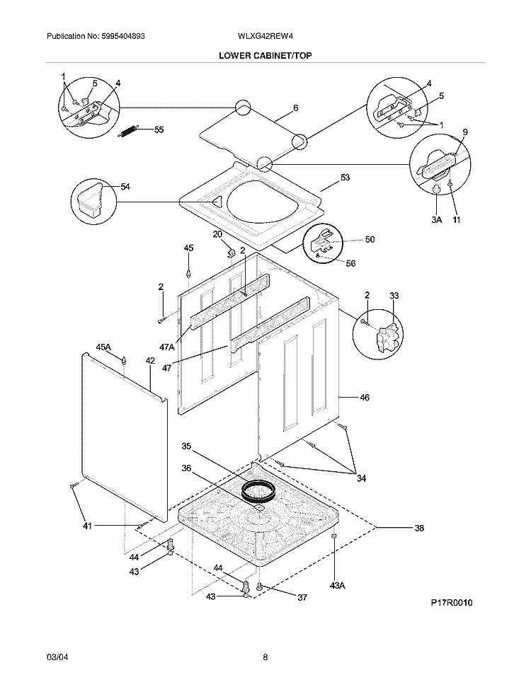 LOWER CABINET / TOP Diagram and Parts List for WLXG42REW4  Westinghouse Washer Dryer Combo