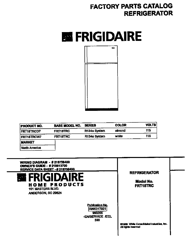 COVER Diagram and Parts List for FRT18TRCW7  Frigidaire Refrigerator