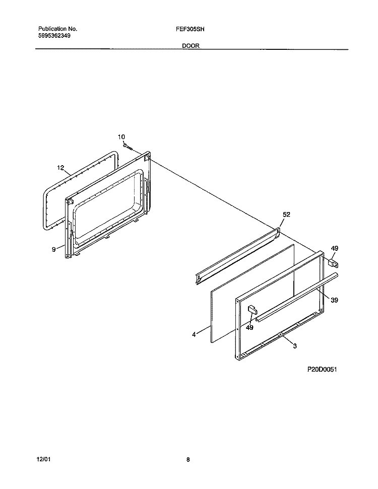 DOOR Diagram and Parts List for FEF305SHDC  Frigidaire Range