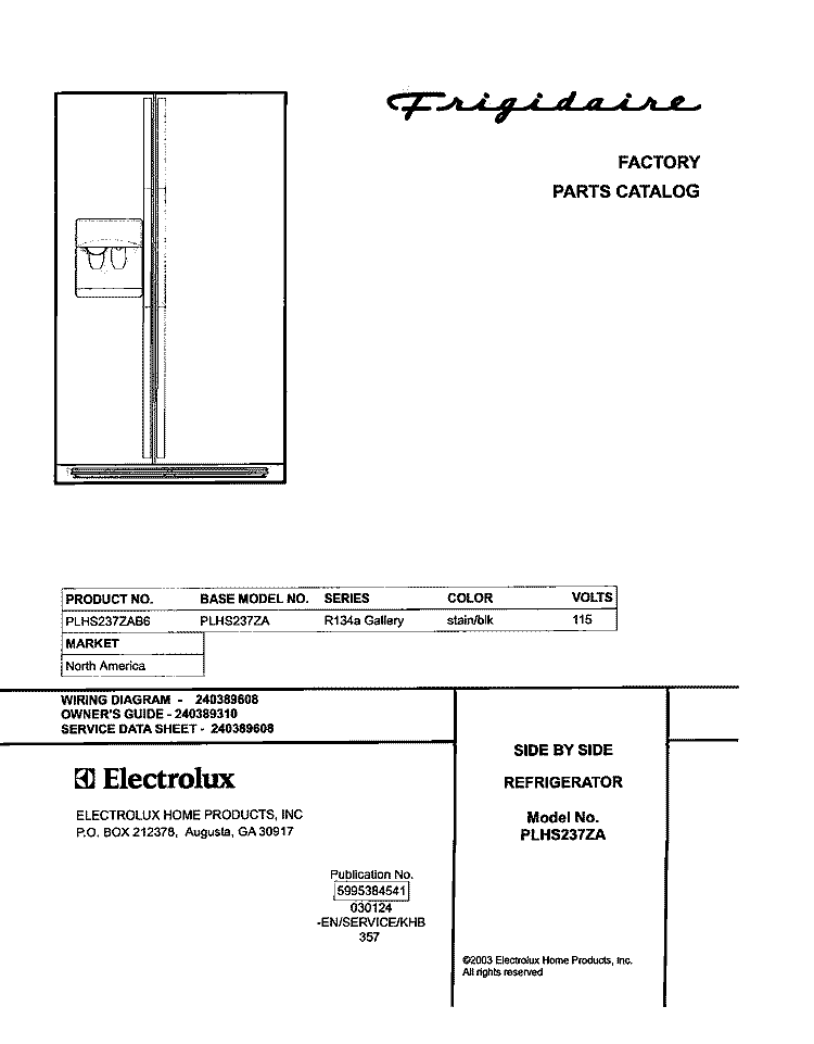 COVER Diagram and Parts List for PLHS237ZAB6  Frigidaire Refrigerator