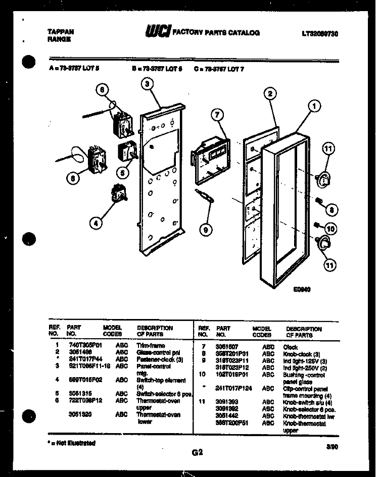 CONTROL PANEL Diagram and Parts List for 73-3757-00-07  Tappan Range
