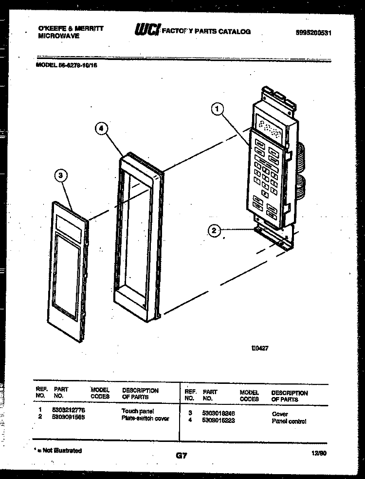 CONTROL PANEL Diagram and Parts List for 56-6278-10-16  Tappan Microwave