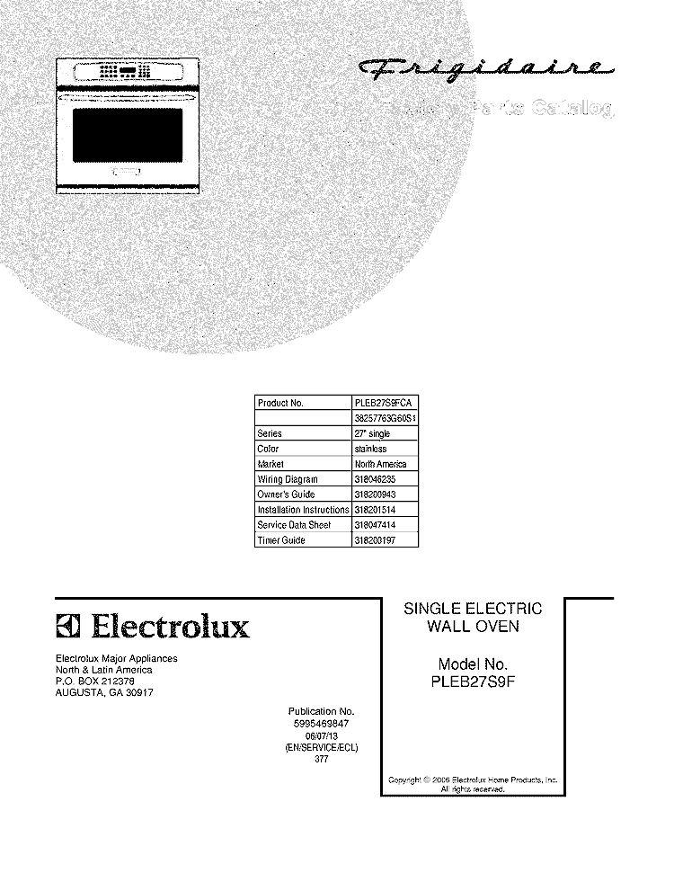 COVER Diagram and Parts List for PLEB27S9FCA  Frigidaire Wall Oven