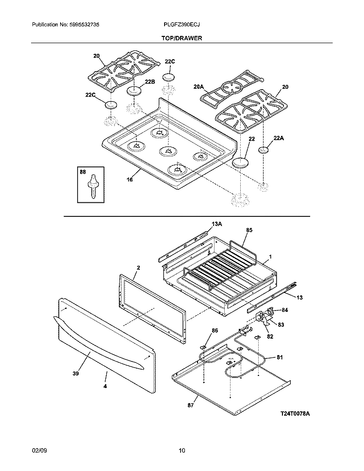 TOP/DRAWER Diagram and Parts List for PLGFZ390ECJ  Frigidaire Range