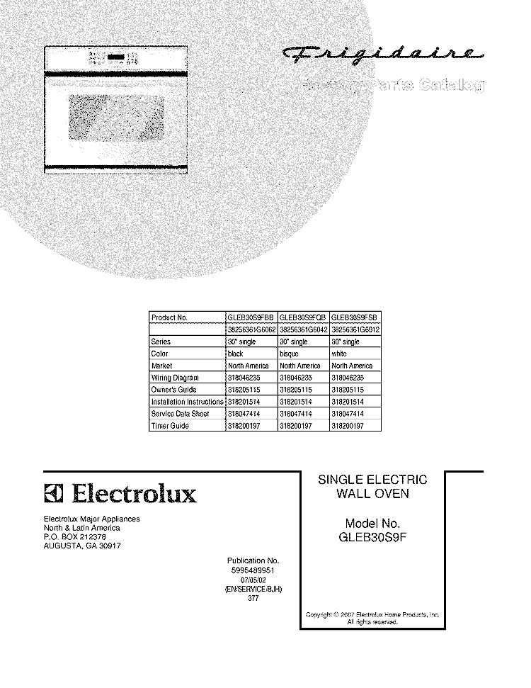 COVER Diagram and Parts List for GLEB30S9FQB  Frigidaire Wall Oven