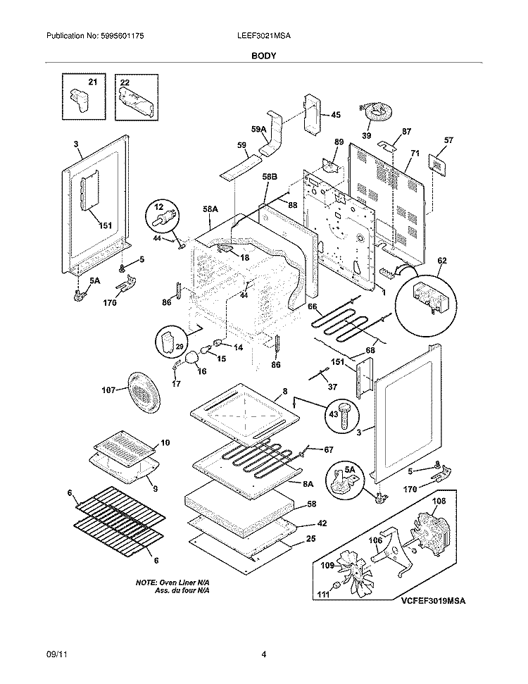 BODY Diagram and Parts List for LEEF3021MSA  Frigidaire Range