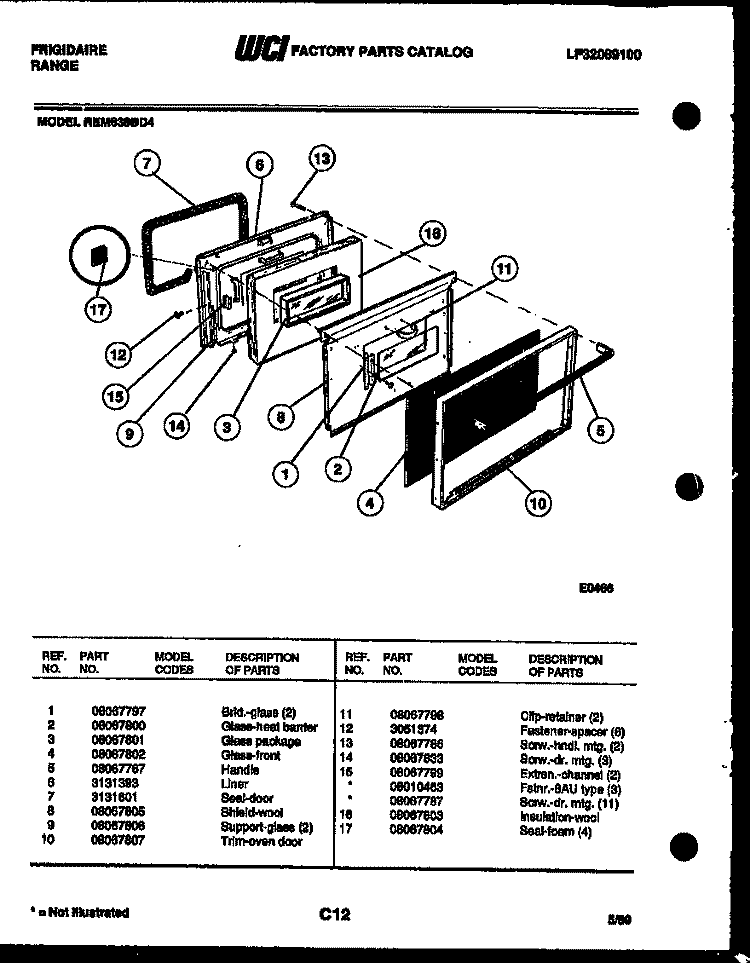 LOWER OVEN DOOR PARTS Diagram and Parts List for REM638BDW4  Frigidaire Range
