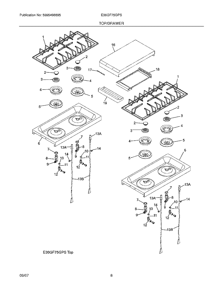 MAINTOP Diagram and Parts List for E36GF75GPS  Electrolux Cooktop