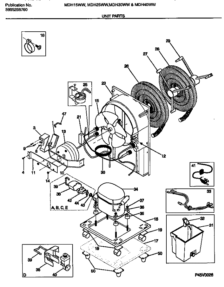 UNIT Diagram and Parts List for MDH15WW1  Frigidaire Dehumidifier