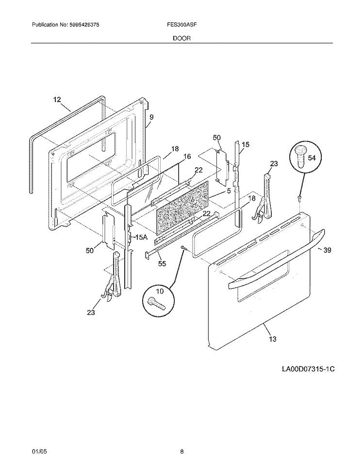 DOOR Diagram and Parts List for FES300ASF  Frigidaire Range