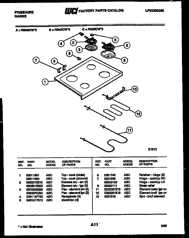 COOKTOP AND BROILER PARTS Diagram and Parts List for RG45CL4  Frigidaire Range