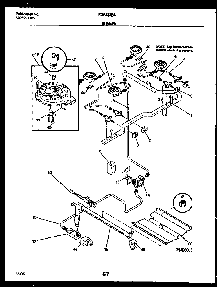 BURNER, MANIFOLD AND GAS CONTROL Diagram and Parts List for FGF333BAWA  Frigidaire Range