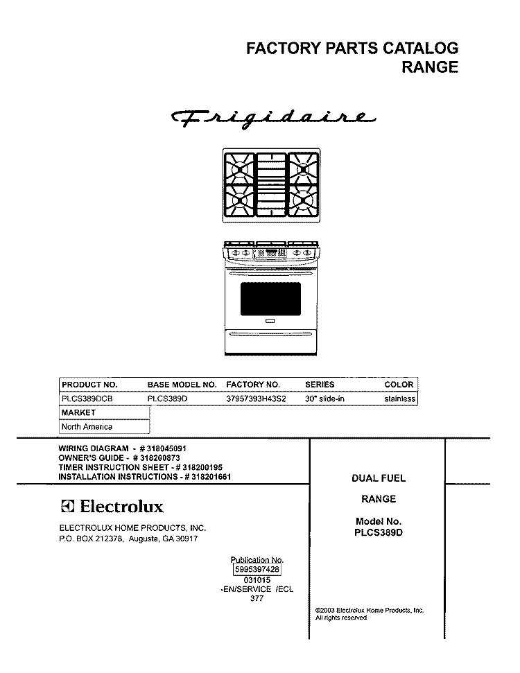 COVER Diagram and Parts List for PLCS389DCB  Frigidaire Range