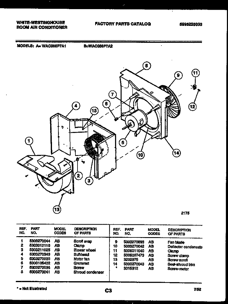 AIR HANDLING PARTS Diagram and Parts List for WAC086P7A1  Frigidaire Air Conditioner