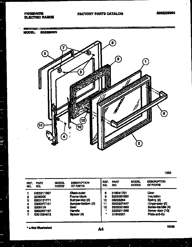 DOOR PARTS Diagram and Parts List for RS33BNL3  Frigidaire Range