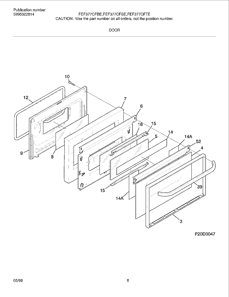 DOOR Diagram and Parts List for FEF377CFBE  Frigidaire Range