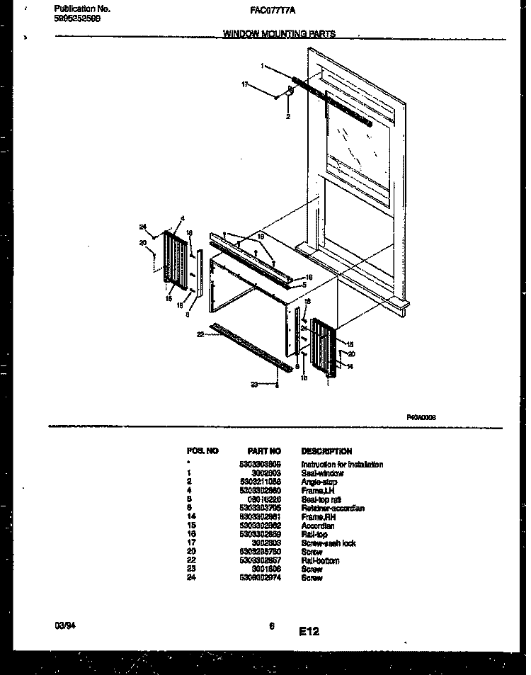 WINDOW MOUNTING PARTS Diagram and Parts List for FAC077T7A2  Frigidaire Air Conditioner