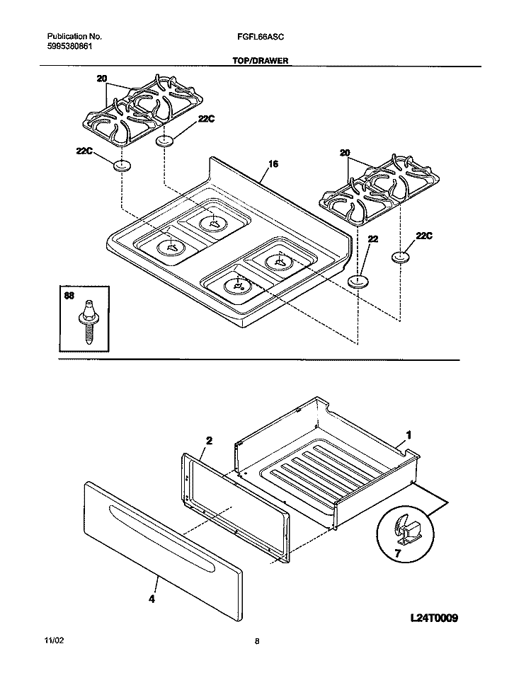 TOP / DRAWER Diagram and Parts List for FGFL66ASC  Frigidaire Range