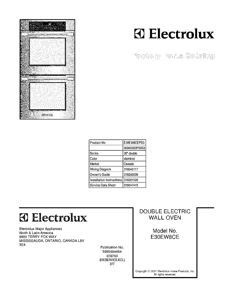 COVER Diagram and Parts List for E30EW8CEPS3  Electrolux Wall Oven