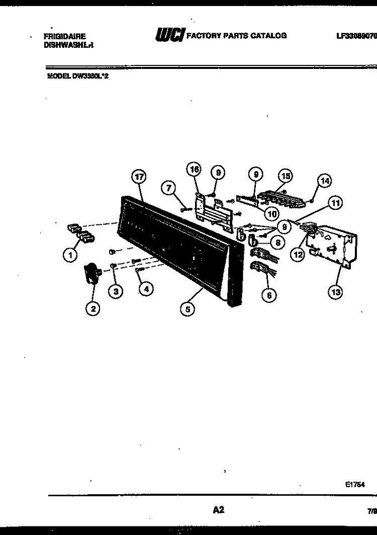 CONSOLE AND CONTROL PARTS Diagram and Parts List for DW3350LW2  Frigidaire Dishwasher
