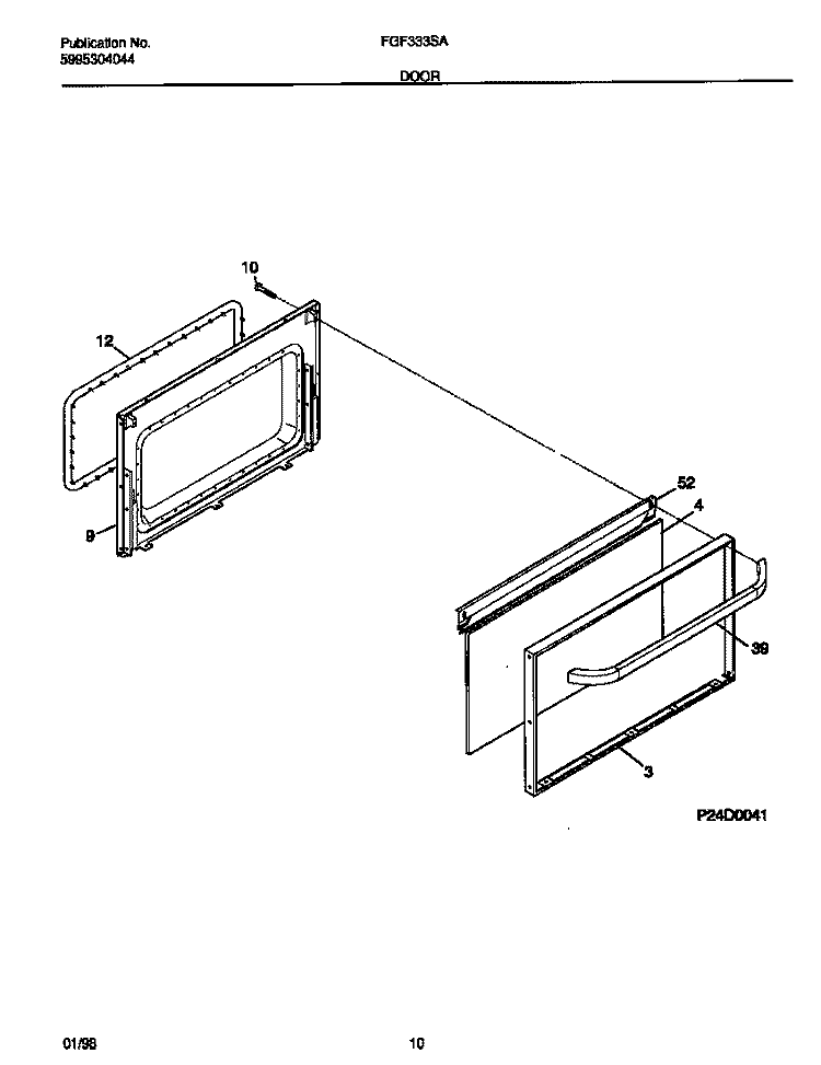 DOOR Diagram and Parts List for FGF333SADJ  Frigidaire Range