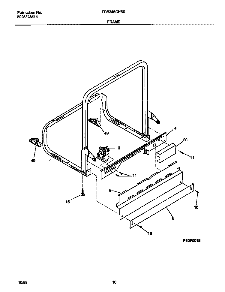 FRAME Diagram and Parts List for FDB345CHS0  Frigidaire Dishwasher