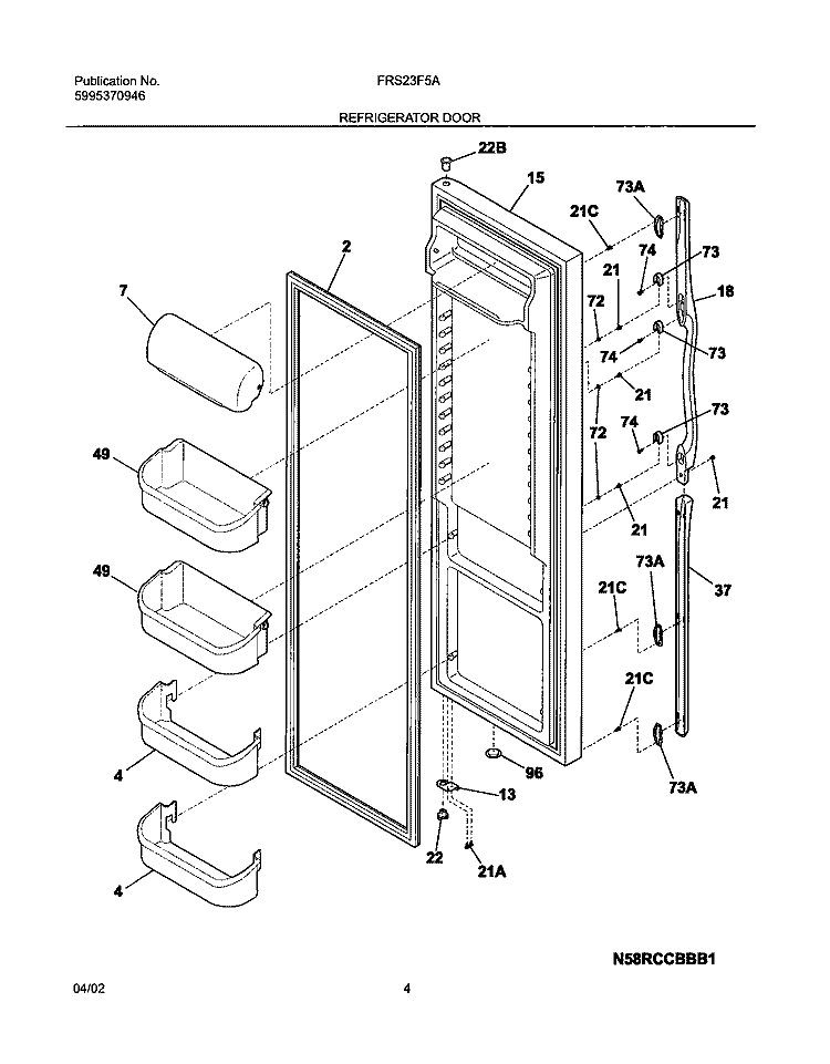 REFRIGERATOR DOOR Diagram and Parts List for FRS23F5AQ5  Frigidaire Refrigerator