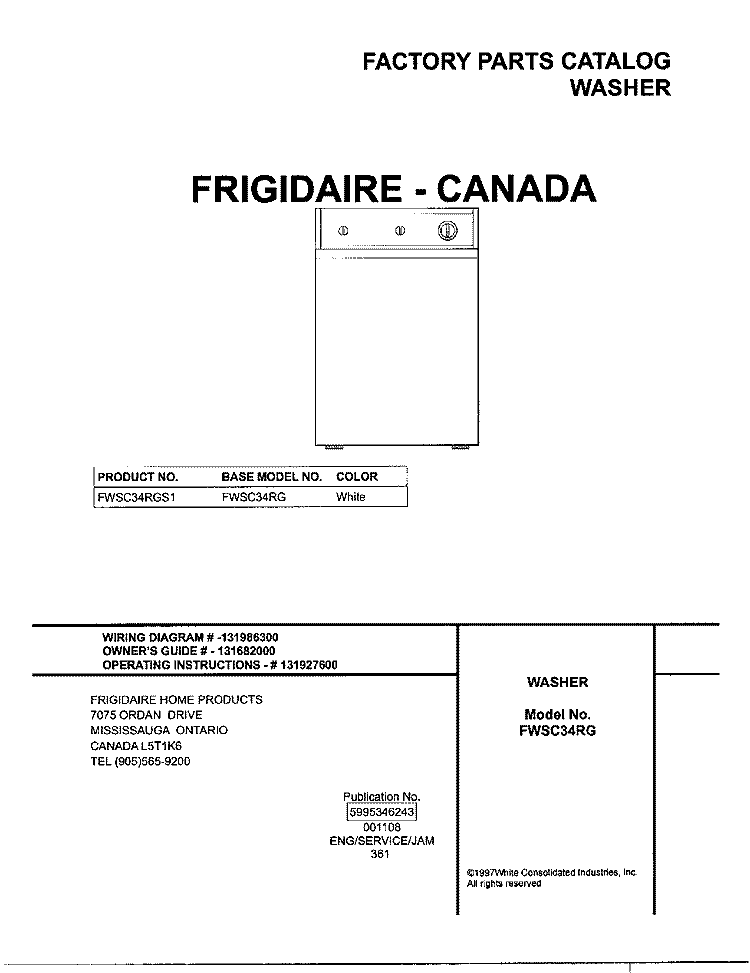 COVER Diagram and Parts List for FWSC34RGS1  Frigidaire Washer