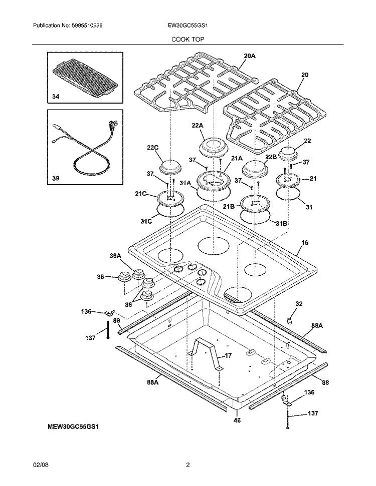 COOKTOP Diagram and Parts List for EW30GC55GS1  Electrolux Cooktop