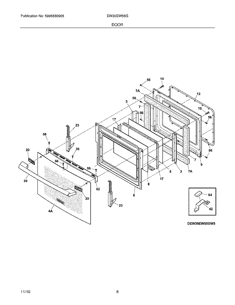 DOOR Diagram and Parts List for EW30EW55GW5  Electrolux Wall Oven