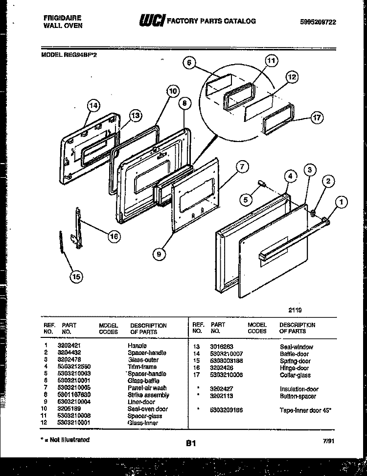 DOOR PARTS Diagram and Parts List for REG94BF2  Frigidaire Wall Oven