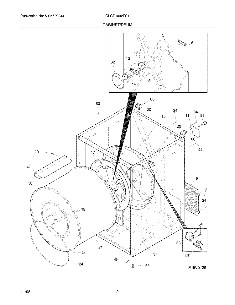 CABINET/DRUM Diagram and Parts List for GLGR1042FC1  Frigidaire Dryer
