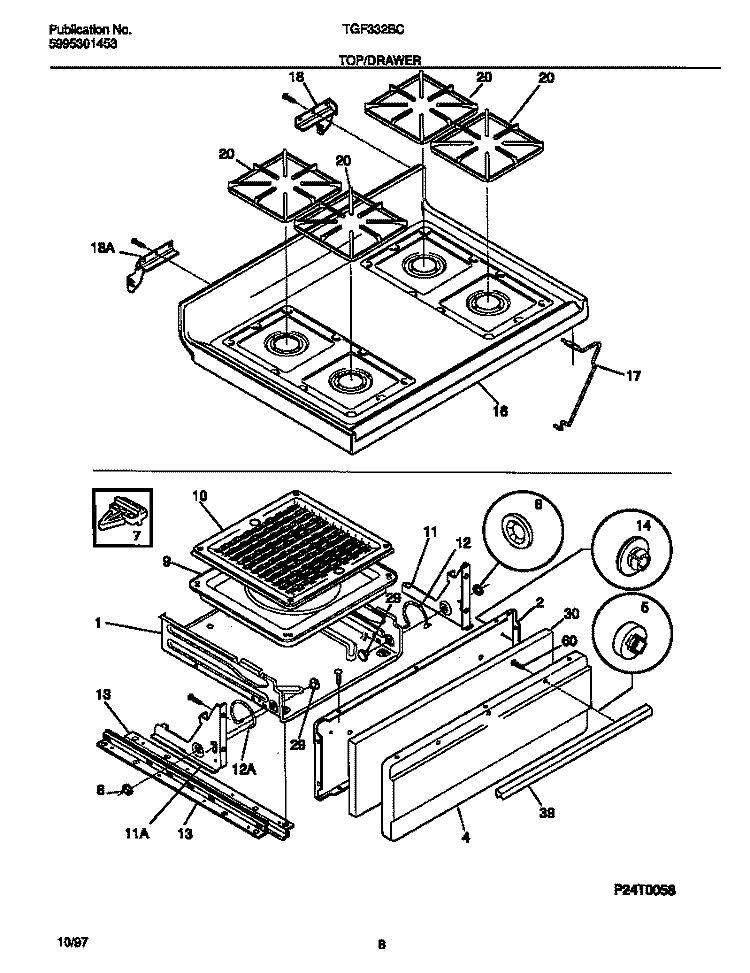 TOP / DRAWER Diagram and Parts List for TGF332BCDE  Tappan Range