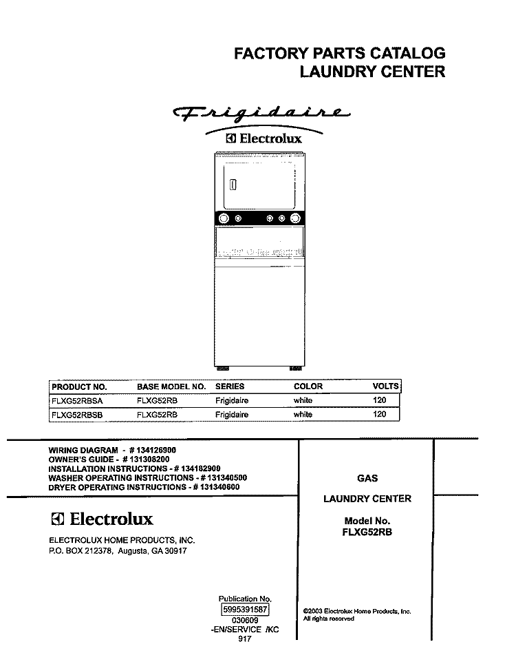 COVER Diagram and Parts List for FLXG52RBSB  Frigidaire Washer Dryer Combo