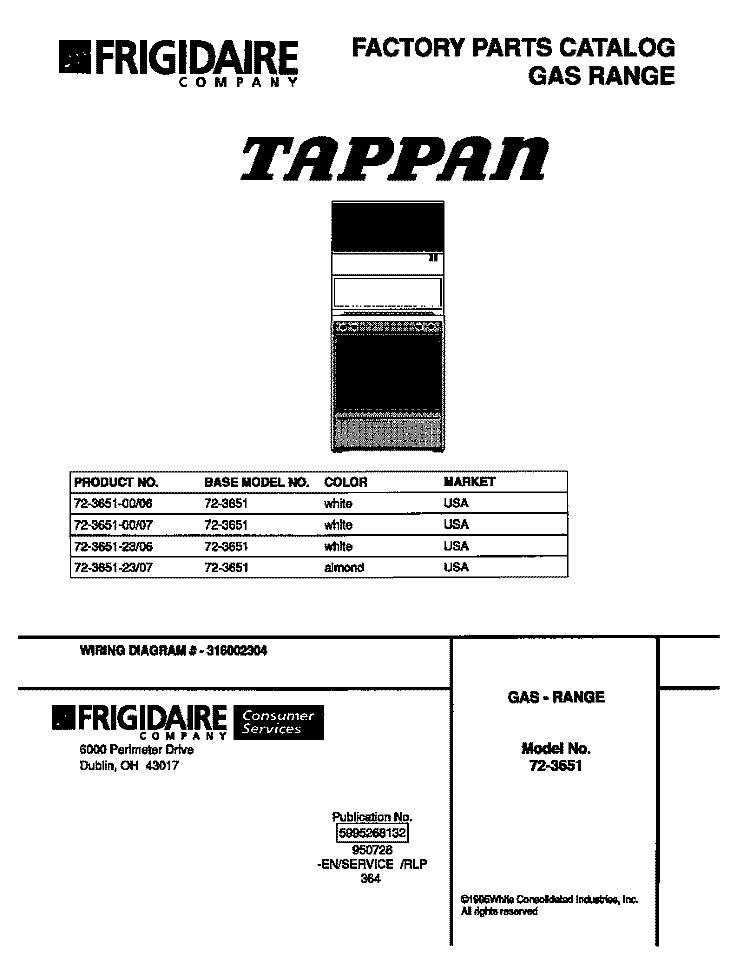 COVER Diagram and Parts List for 72-3651-23-07  Tappan Range